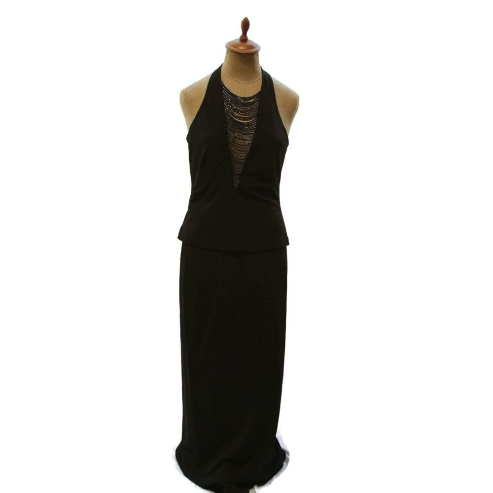 Tadashi Black Two Piece Knit Evening Dress Outfit Vintage 1980s 1990s USA M B2